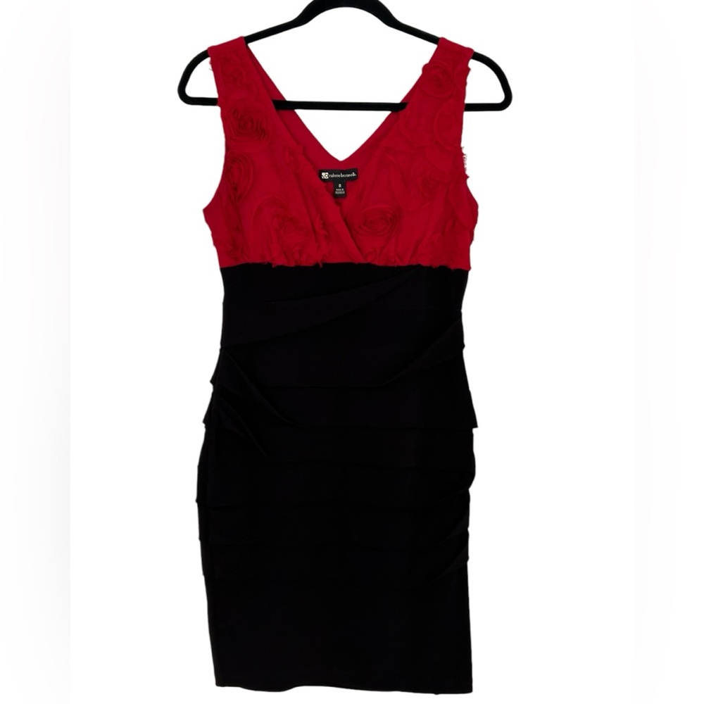 Valerie Bertinelli Red & Black Cocktail Dress Size 8 Roses Ruffle Sleeveless